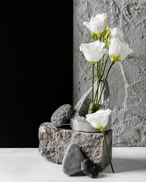 岩の品揃えの束と春の花