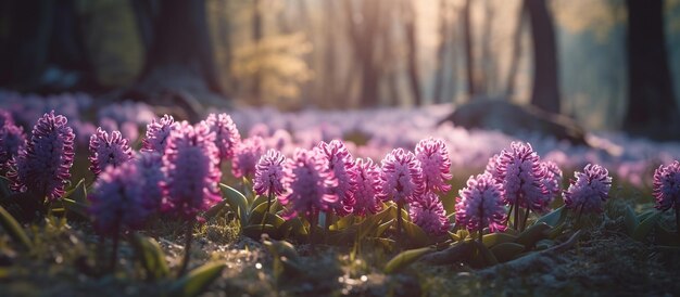 ピンクと紫のヒヤシンスが咲く森の春の空き地 AI 生成画像