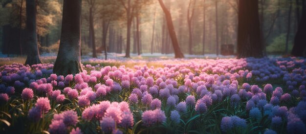 ピンクと紫のヒヤシンスが咲く森の春の空き地 AI 生成画像
