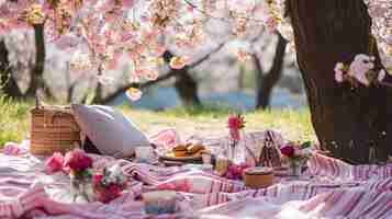 Free photo a spring picnic under a cherry blossom tree