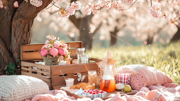 桜の木の下で春のピクニック