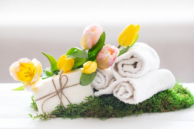 Spring spa composition with tulip flowers