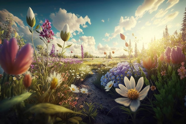 草原の花と青い空と雲のある春または夏の風景