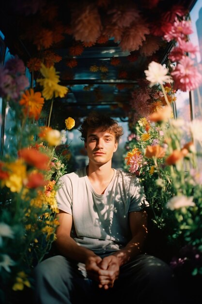 Springtime portrait of man with blossoming flowers