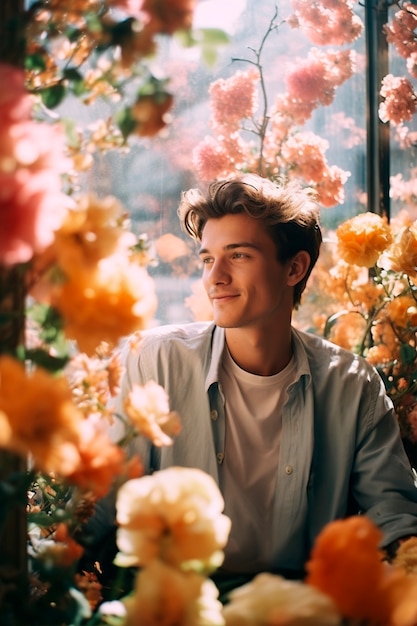 Free photo springtime portrait of man with blossoming flowers