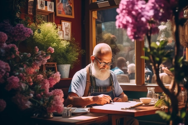 Springtime portrait of man with blossoming flowers