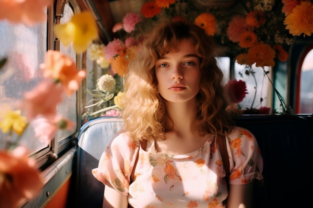 Springtime portrait of woman with blossoming flowers