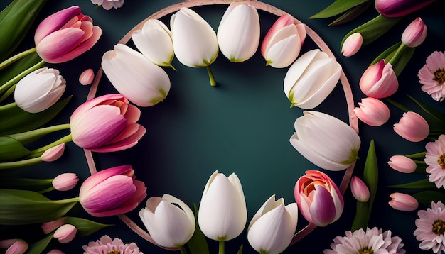 Free photo springtime tulip blossoms decorate nature green backdrop generated by ai