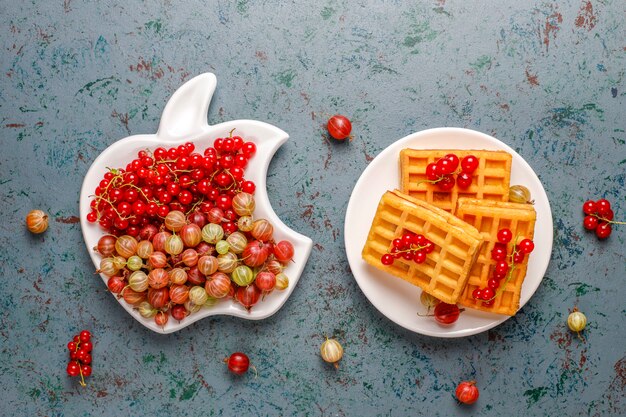 Square belgian waffles with loquat fruits and honey.