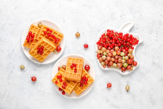 Free photo square belgian waffles with loquat fruits and honey.