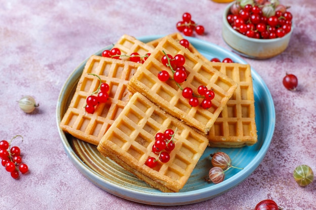 Square belgian waffles with loquat fruits and honey.