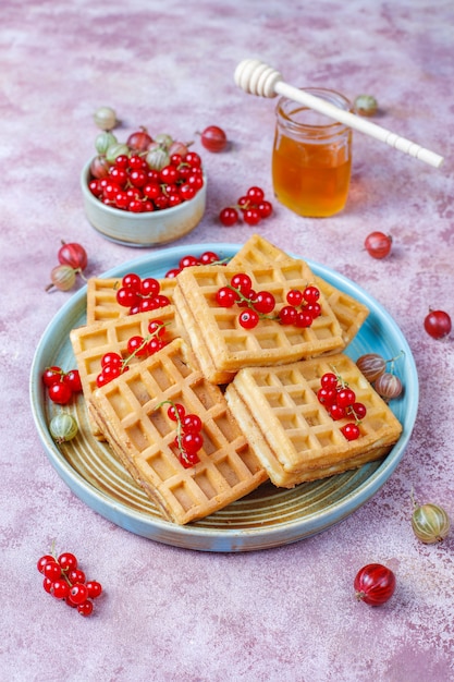 Free photo square belgian waffles with loquat fruits and honey.