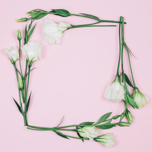 분홍색 배경으로 아름다운 신선한 흰색 eustoma 꽃으로 만든 사각형 프레임