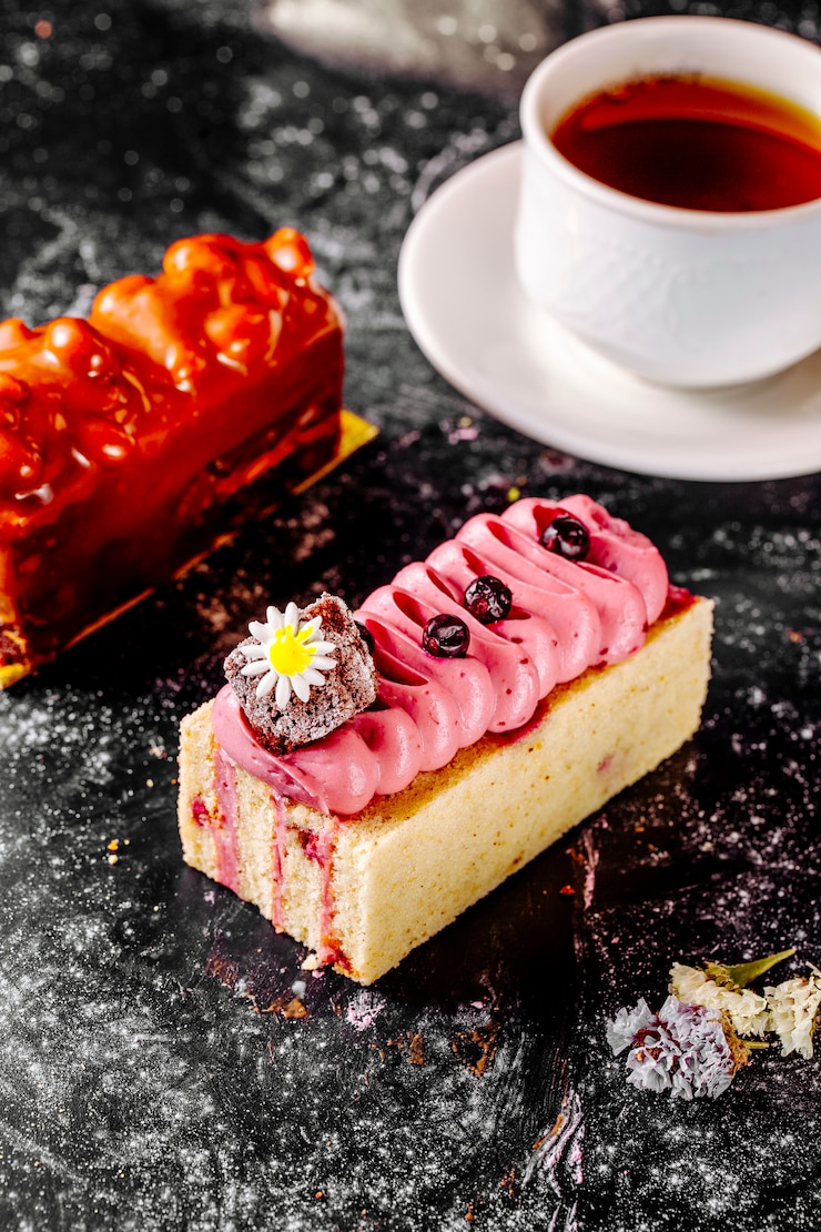 無料Photo ピンクのクリームとベリーが入った正方形のケーキと、紅茶が入った赤いケーキのもう1つのスライス。