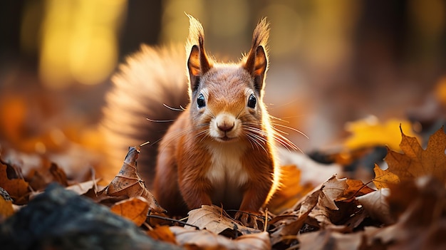 Free photo squirrel in autumn forest red squirrel sits on a log in the forest