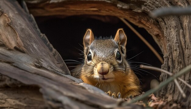 A squirrel is peeking out of a tree trunk.