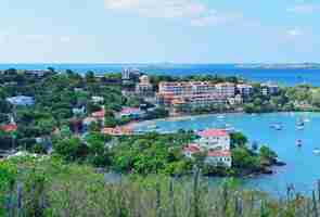 Foto gratuita panorama della baia di st john con edifici e barche nelle isole vergini.