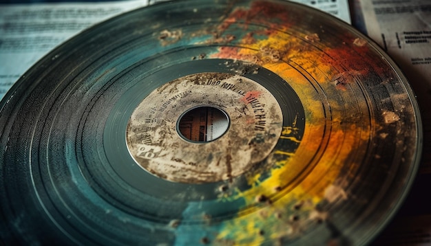 Stack of ancient vinyl records spins on turntable generated by AI