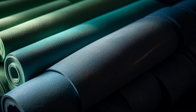 A stack of blue and green fabric with the word yoga on the bottom.