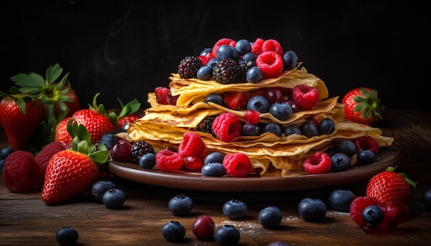 Stack of blueberry pancakes on rustic wooden plate generated by AI