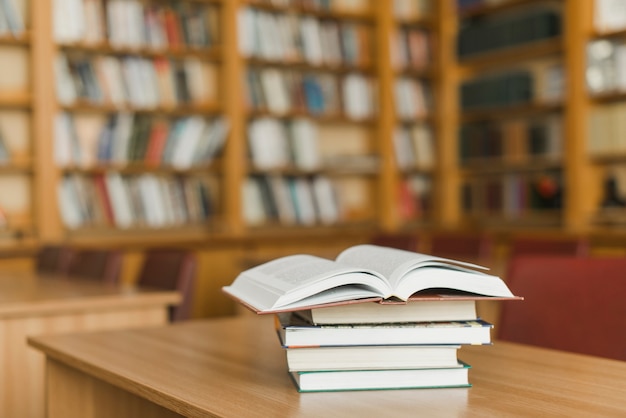 Stack of books on library desk