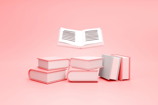 분홍색 배경 3D 렌더링에 대한 파스텔 책 도서관 및 교육 개념의 스택