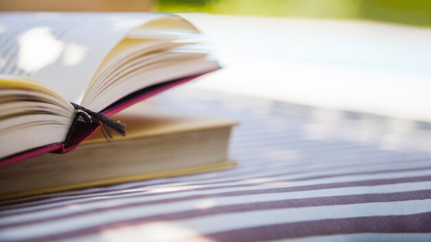 Stack of books put on feather bed