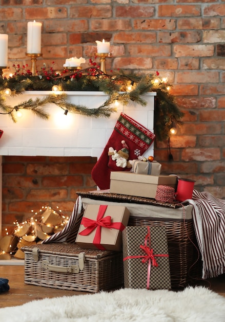 Stack of Christmas presents and Christmas decoration