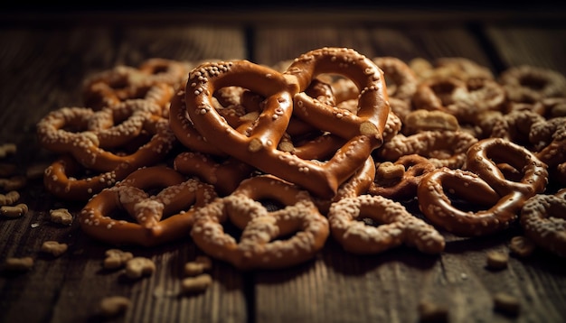 Free photo stack of crunchy salted pretzels on rustic table generated by ai