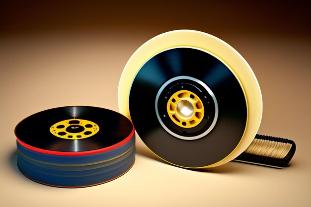 A stack of discs with a yellow band on the bottom.
