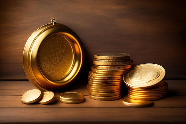 A stack of gold coins with a gold plated top and a gold plated coin on the top