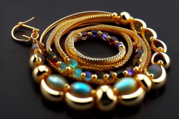 A stack of gold and silver bracelets with different colors and sizes.