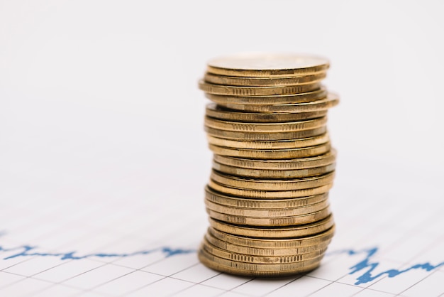 Stack of golden coins over the stock market graph