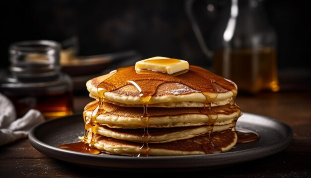 Stack of homemade buttermilk pancakes with syrup generative AI