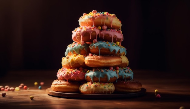 Stack of homemade donuts with pink icing generated by AI