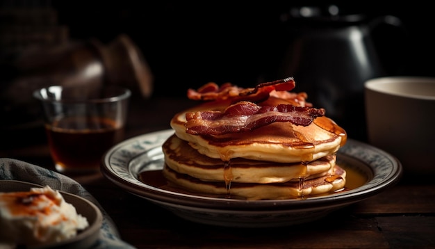 Stack of homemade pancakes butter syrup sweetness generated by AI