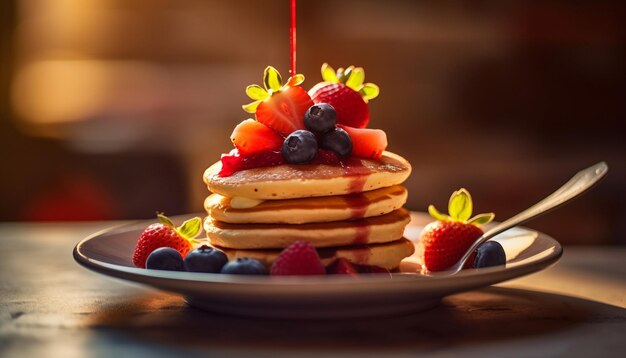 Free photo stack of homemade pancakes with berry syrup pouring generated by ai