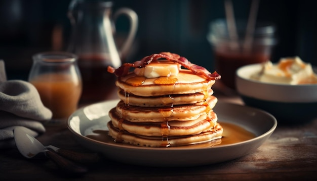 Stack of homemade pancakes with fresh berries generated by AI