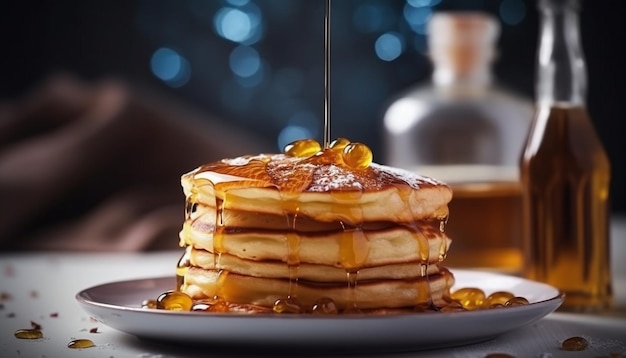 Stack of homemade pancakes with honey syrup generated by AI