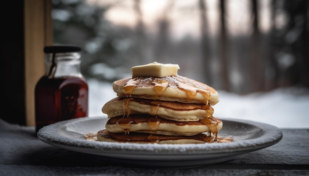 Free photo stack of homemade pancakes with syrup drizzle generative ai