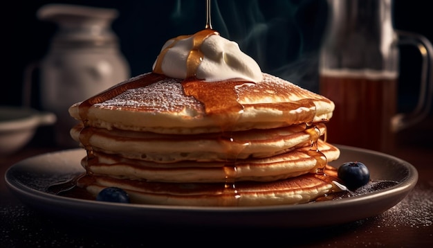 Free photo stack of homemade pancakes with syrup and fruit generated by ai