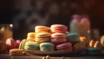 Free photo a stack of macaroons on a plate with a jar of candy in the background.
