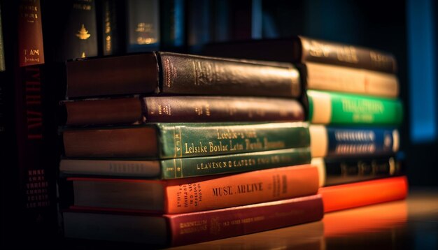 AI によって生成された図書館の棚に積み上げられた古い教科書