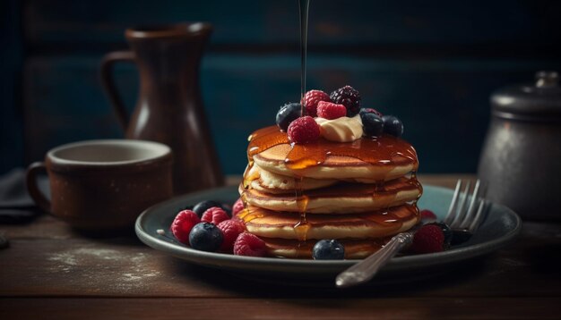 A stack of pancakes with syrup and berries on top