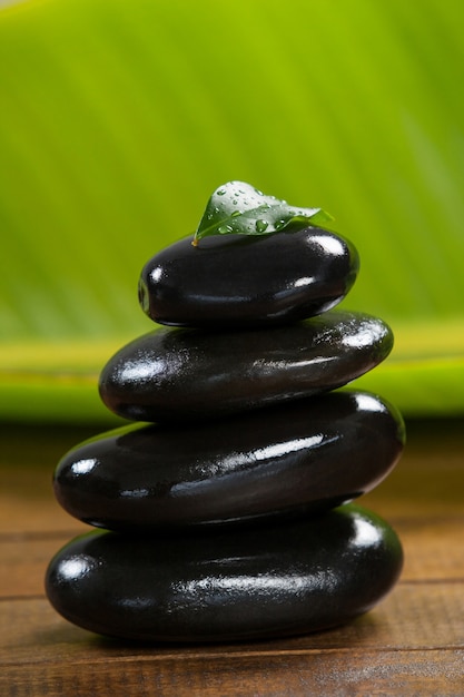 Stack of pebble stones with green leaf