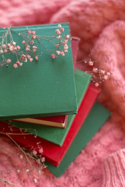 ピンクの暖かいニットセーターにドライフラワーと赤と緑の本のスタック