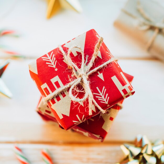 Stack of small red gift boxes