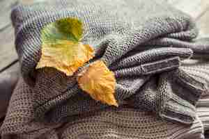 Free photo a stack of sweaters and autumn leaves