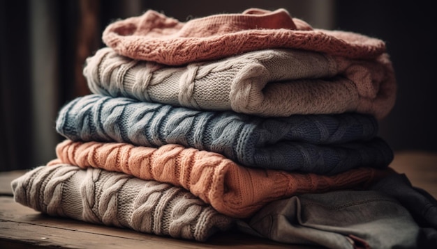 A stack of sweaters on a wooden table