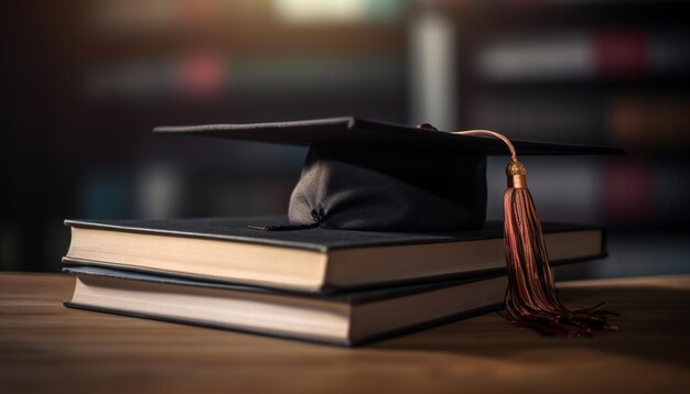 Stack of textbooks on wooden table signifies education generated by AI